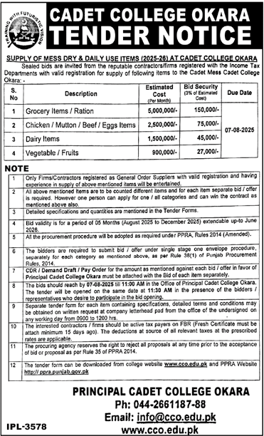Cadet College Okara Tender Notice